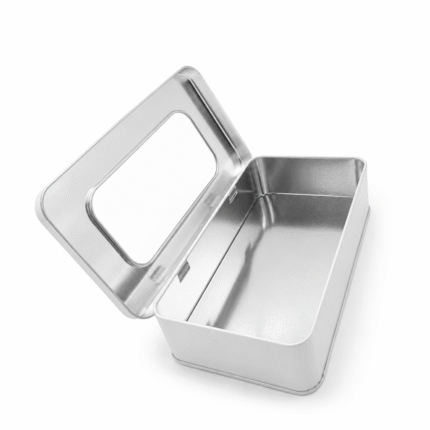 Open empty hinged window tin container