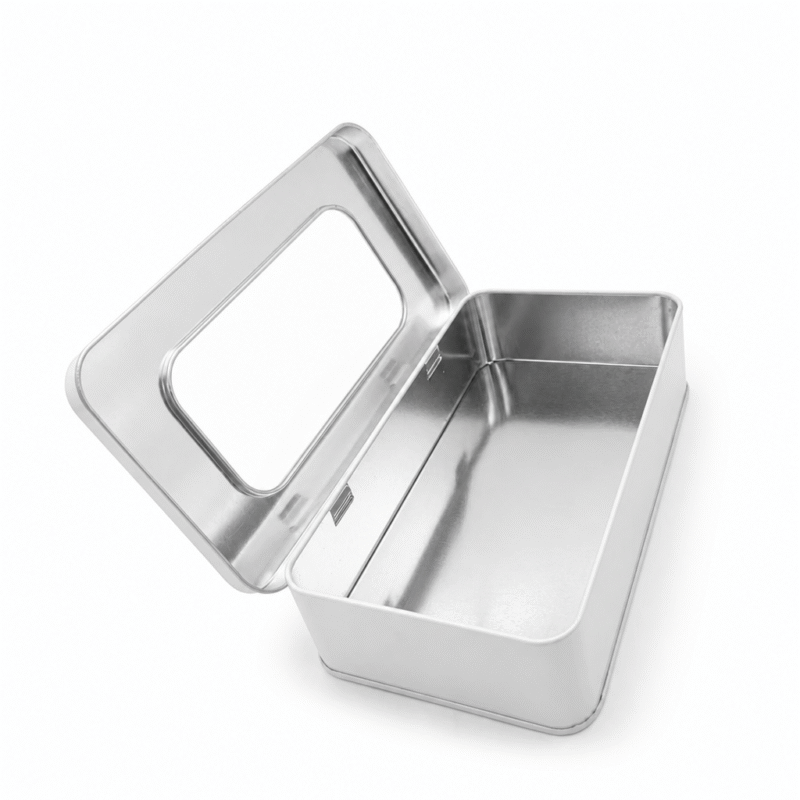 Open empty hinged window tin container