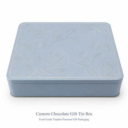 Food Grade Tinplate Gift Tin Box Custom Logo Embossed Floral Design Gold Interior for Chocolate Macaron Candy Biscuit Packaging