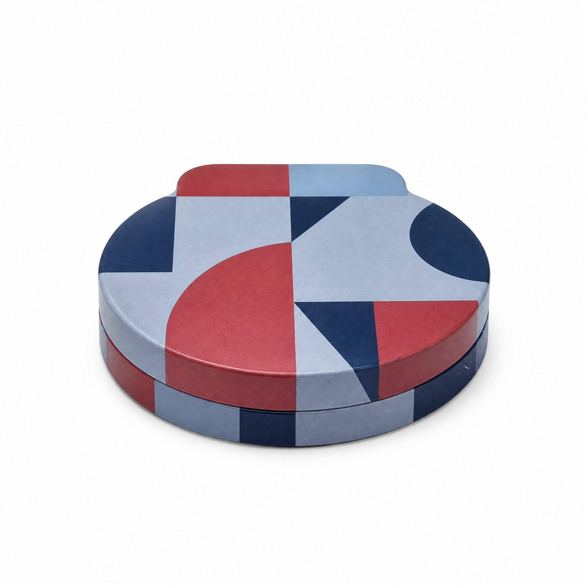 H3a73272eb32e403e98db306694eb0fc4d Custom printed round tin box with geometric pattern, closed on white background