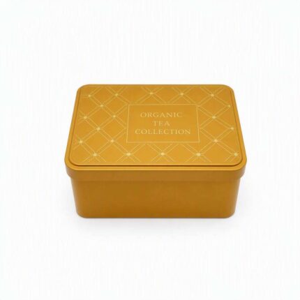 Gold tea tin box with decorative printed lid for tea brands