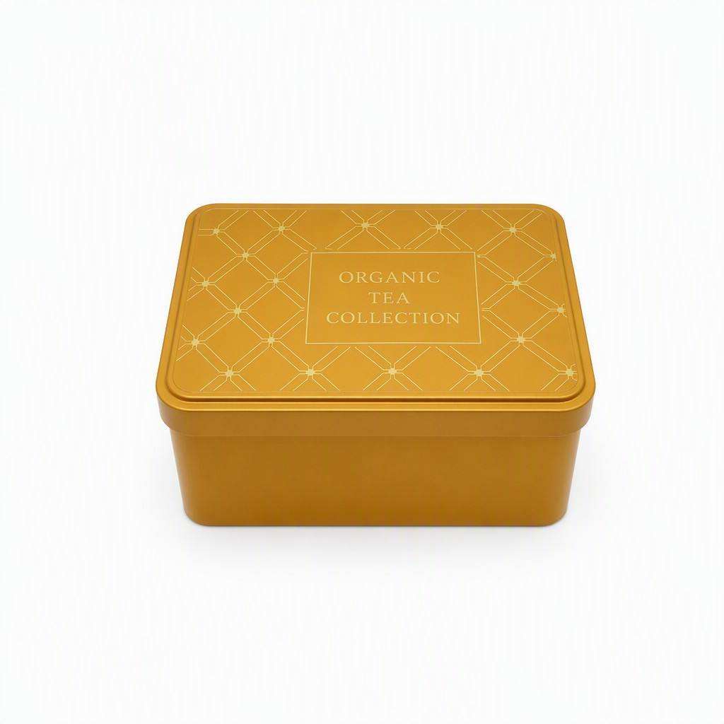 H70b85e27956148bd92550a34119ccc98I Gold tea tin box with decorative printed lid for tea brands