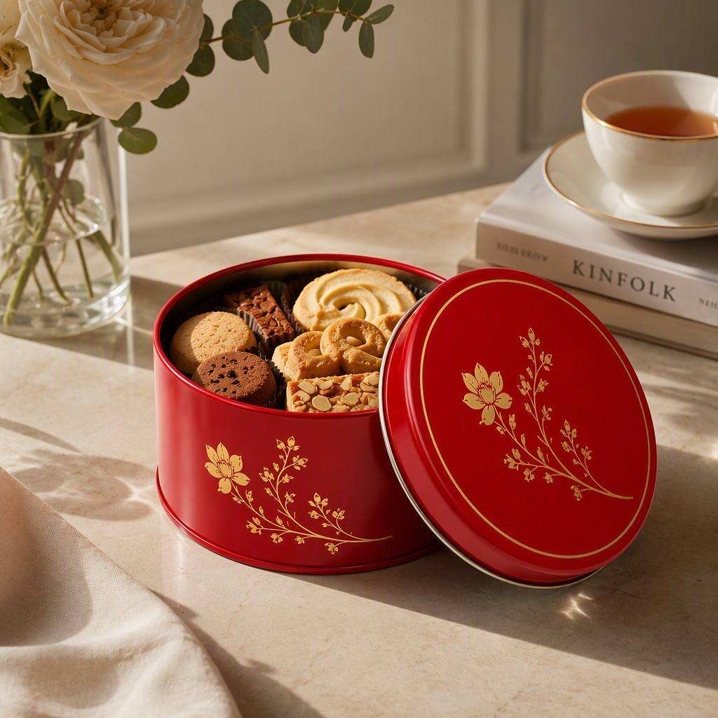 H7717760b1dbb4fb5ae3459156ed47adfU Red cookie tin in lifestyle setting