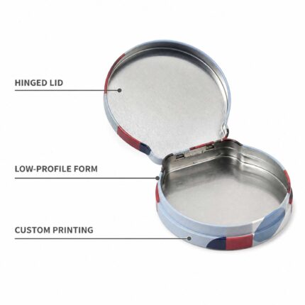 Small hinged tin container open, showing hinged lid and low-profile tinplate form