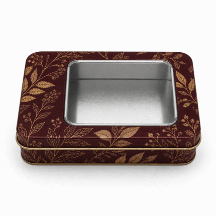 Custom Metal Tin Box with Clear Window, Rectangular Gift Tin Packaging with Gold Botanical Pattern for Chocolate Tea Candy
