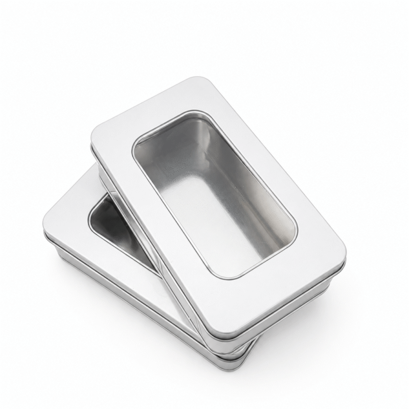 Rectangular tin box with window lid