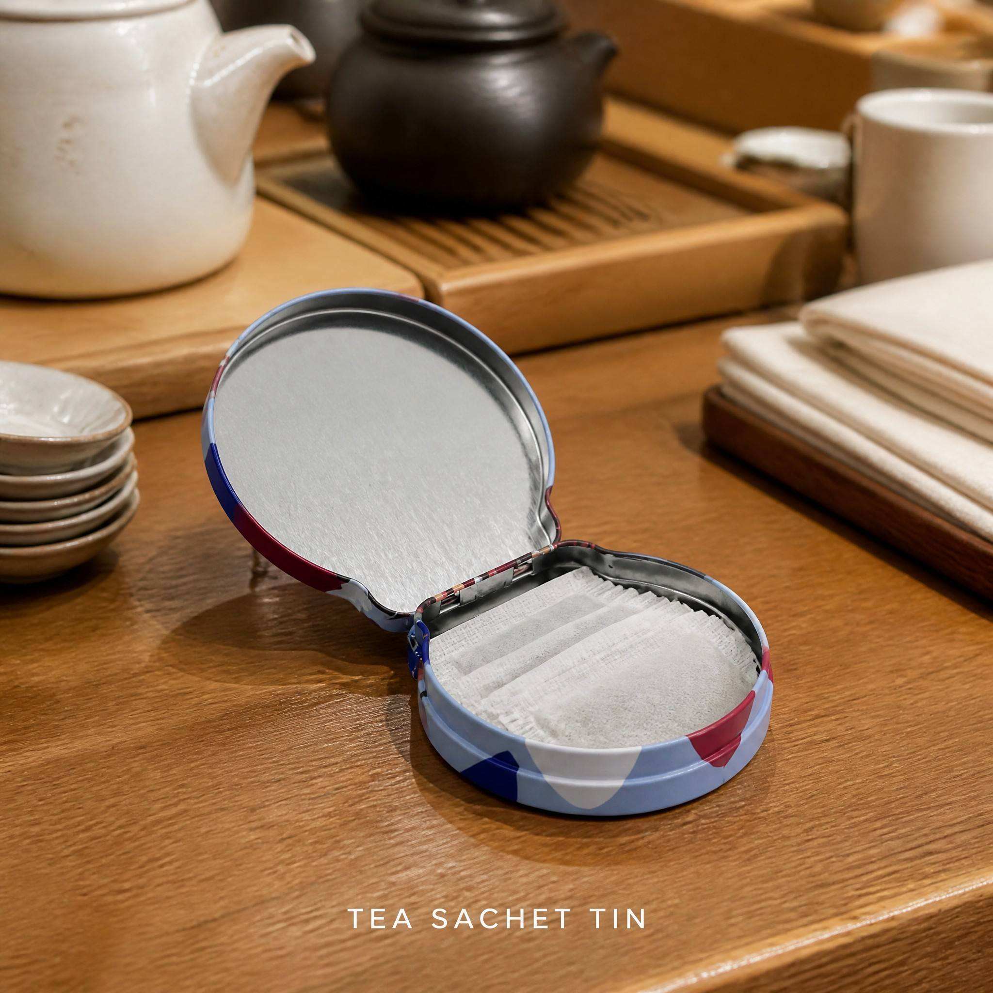 Hf3e0536a4bfd4db3a12f9c817f7f1e04B OEM tea sachet tin box holding tea bags on wooden tea table