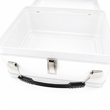 Internal view of open metal lunch box