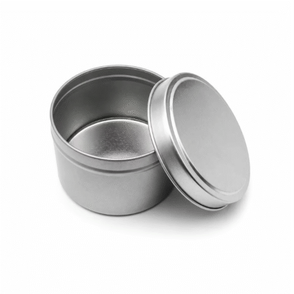 Empty silver metal tin with open slip lid.