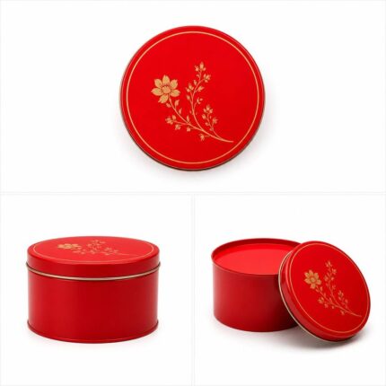 Multi-angle view of red round tin boxes