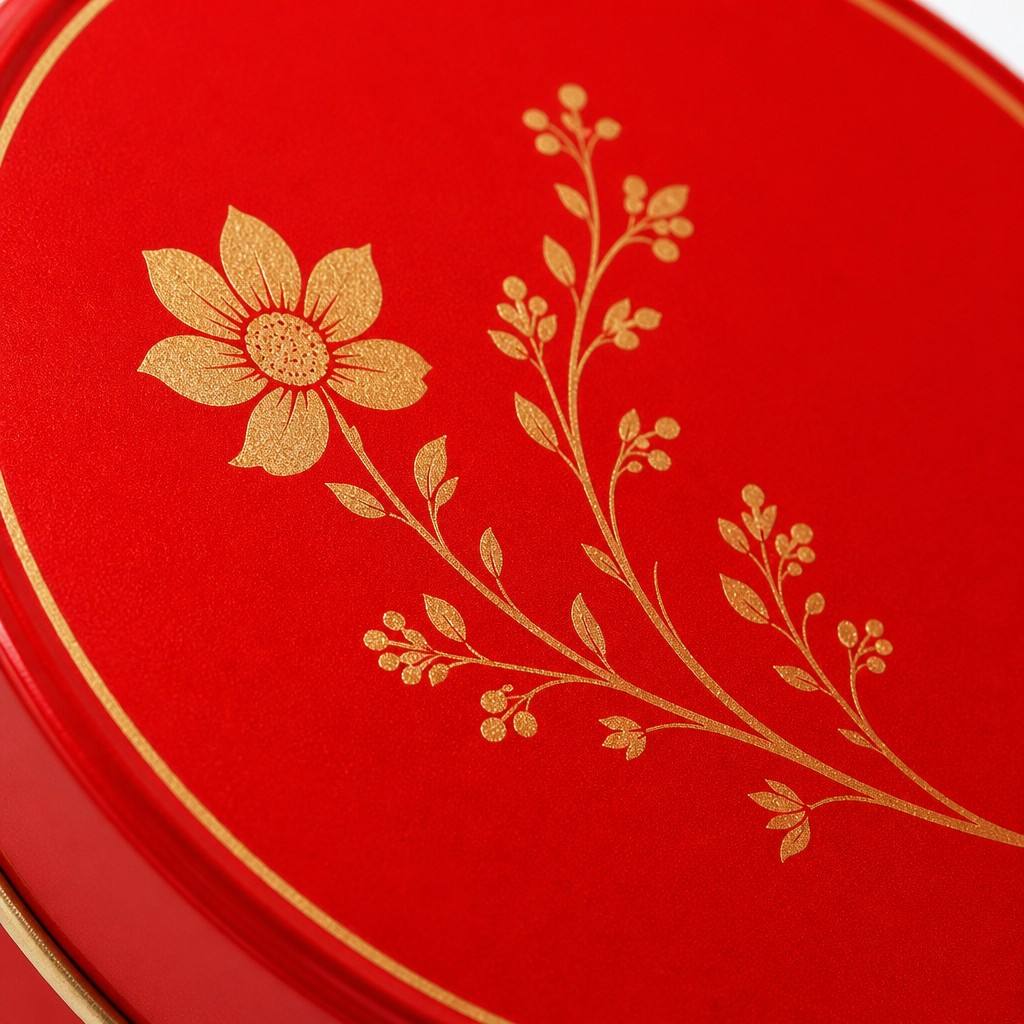 细节展示图 Gold floral print detail on red tin