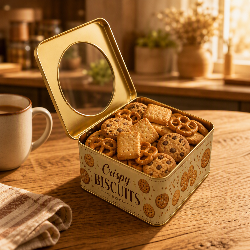 H04e68a0b474248cfb43fe4bd6c0d02383 Custom Window Tin Box for Cookie Packaging