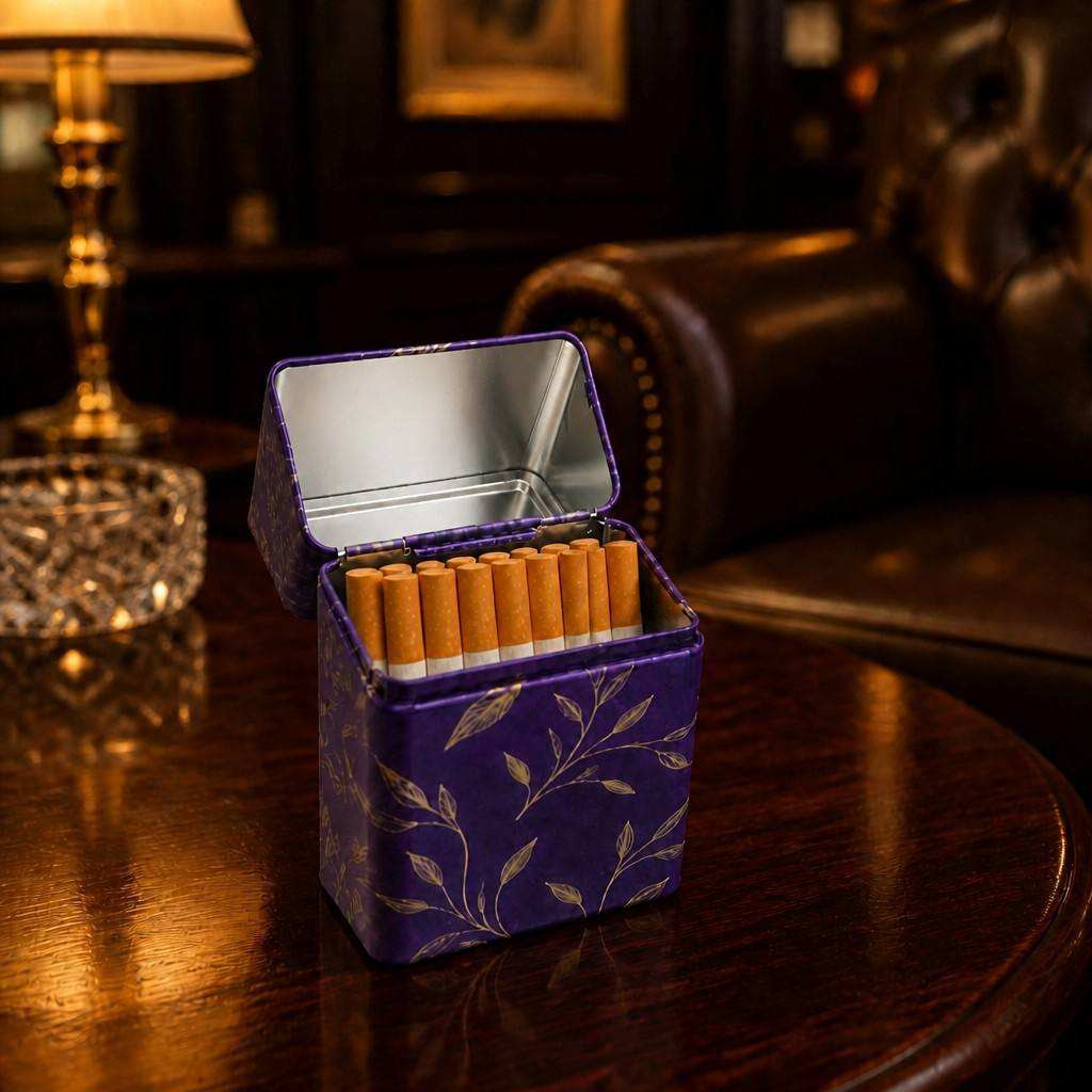 H63a3509b03c546a3b51944d6b50e4a65B Wholesale Tin Cigarette Box on Classic Wooden Table