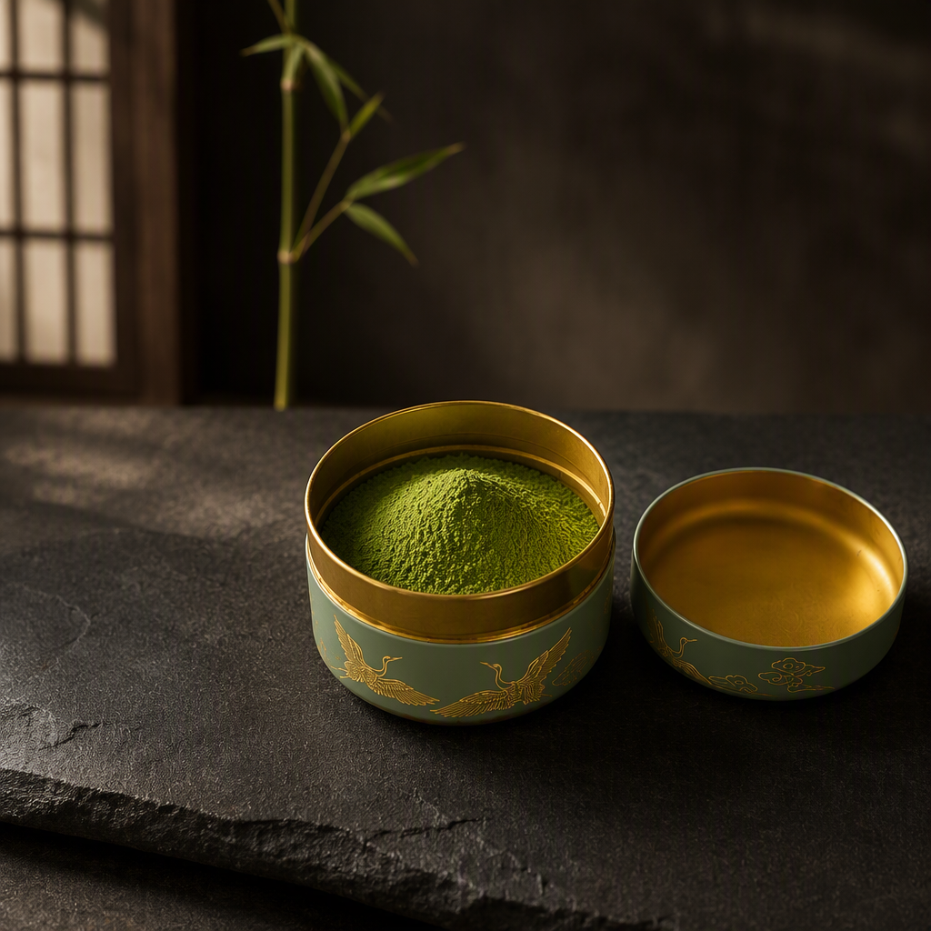 Heb7fc5d2bb684c35a8079c8fadb01f74o Round tea tin filled with green matcha powder on a dark surface