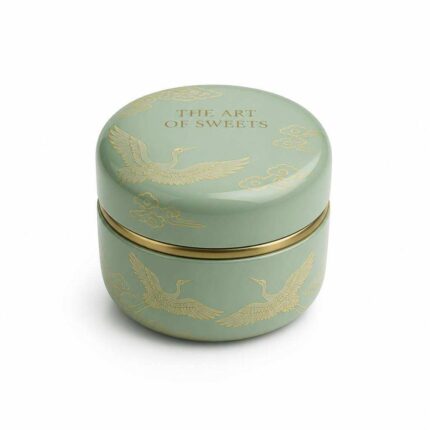 Decorative tea tin packaging with crane artwork and sage-green finish