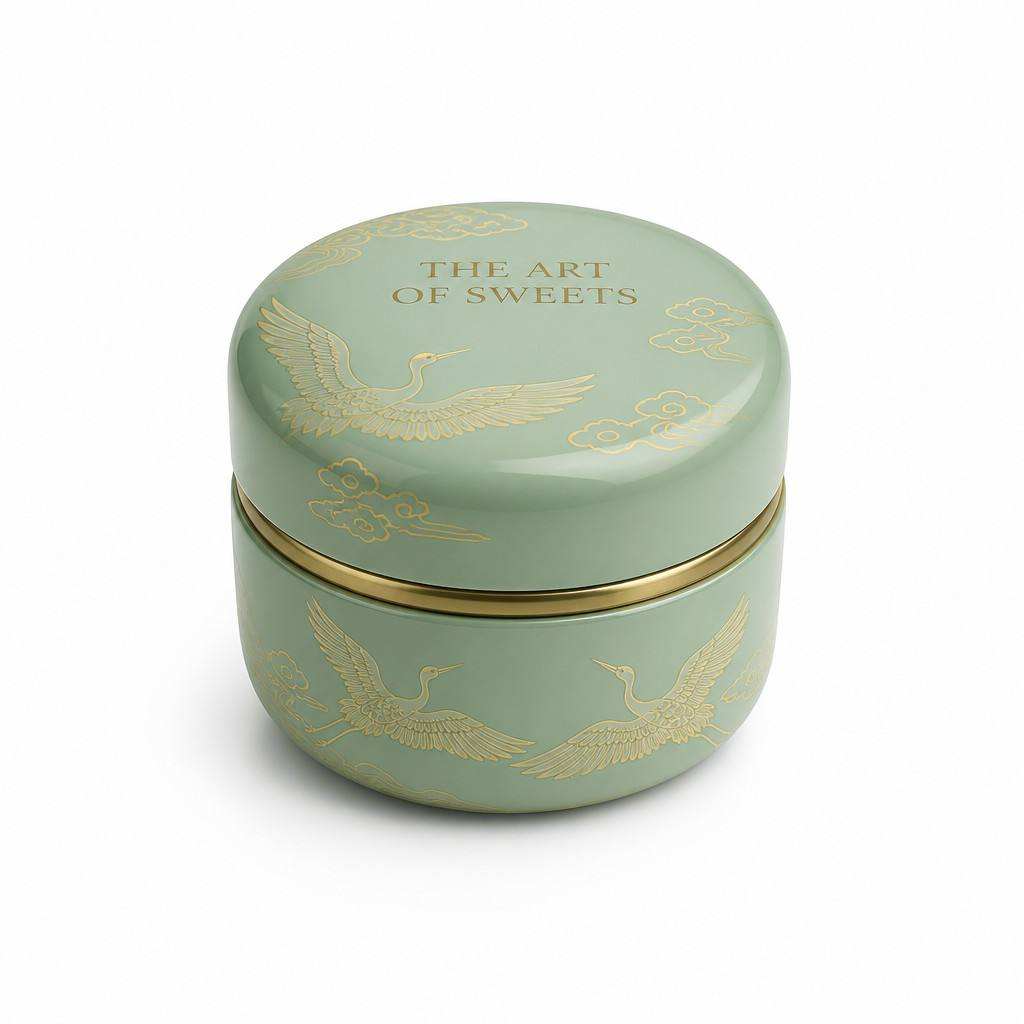 Hfe1cd0590ced4ad4b622cb05e2081452p Decorative tea tin packaging with crane artwork and sage-green finish