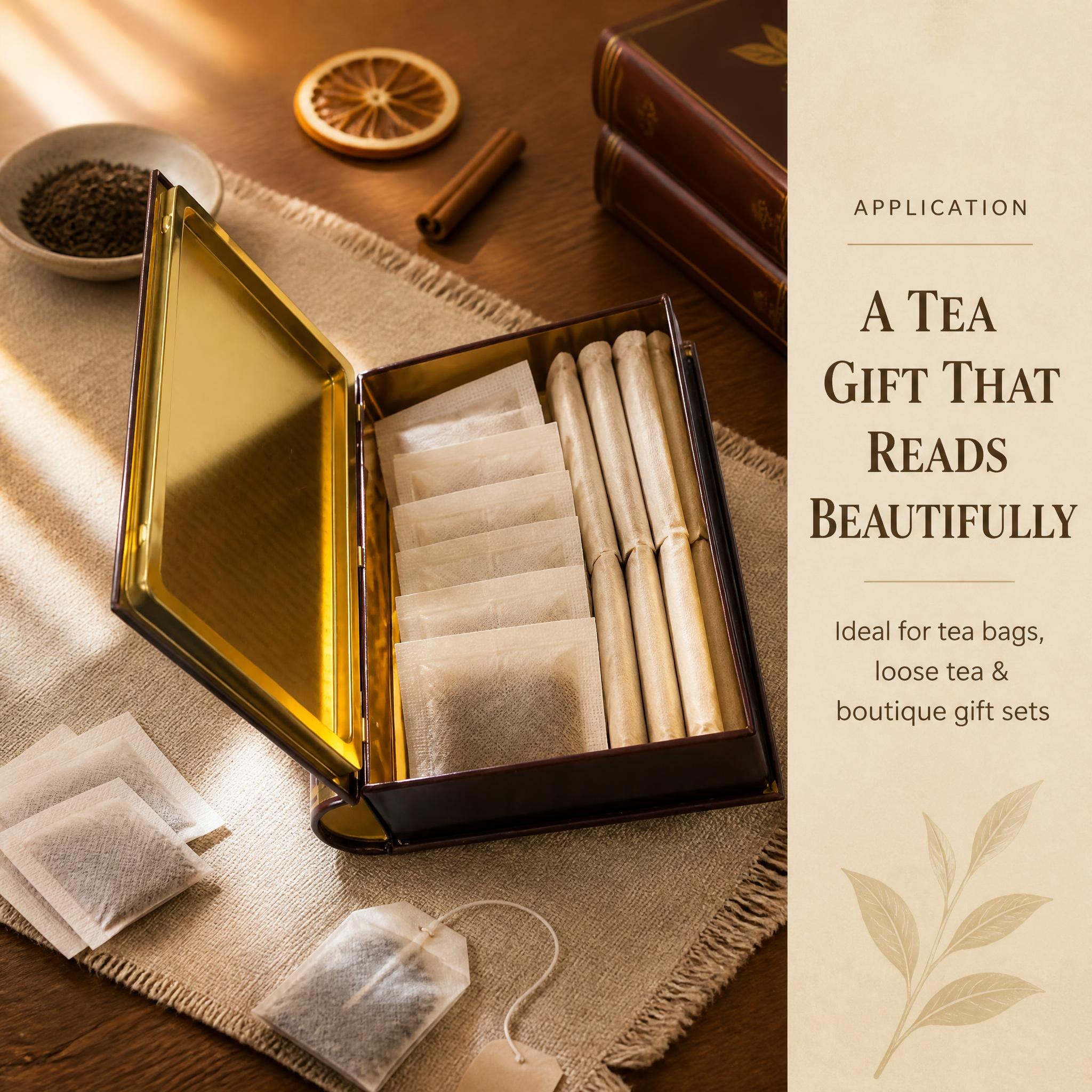 book-tin-5-application Book shaped tea tin gift set